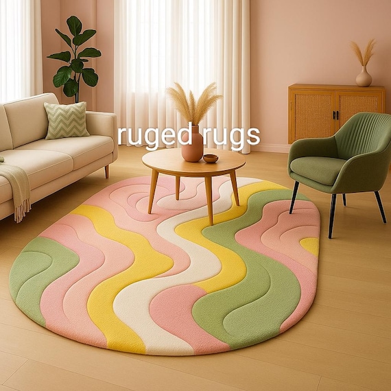 Abstract Wavy Tufted Rug – Pastel Oval Area Carpet | Retro Boho Modern Floor Mat | Handmade Colorful Accent Rug for Living Room or Nursery