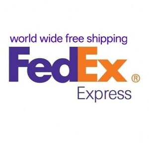 May include: The FedEx Express logo features the word "FedEx" in purple and orange, with "Express" in a smaller font below. The text "world wide free shipping" is above the FedEx logo. The background is white.