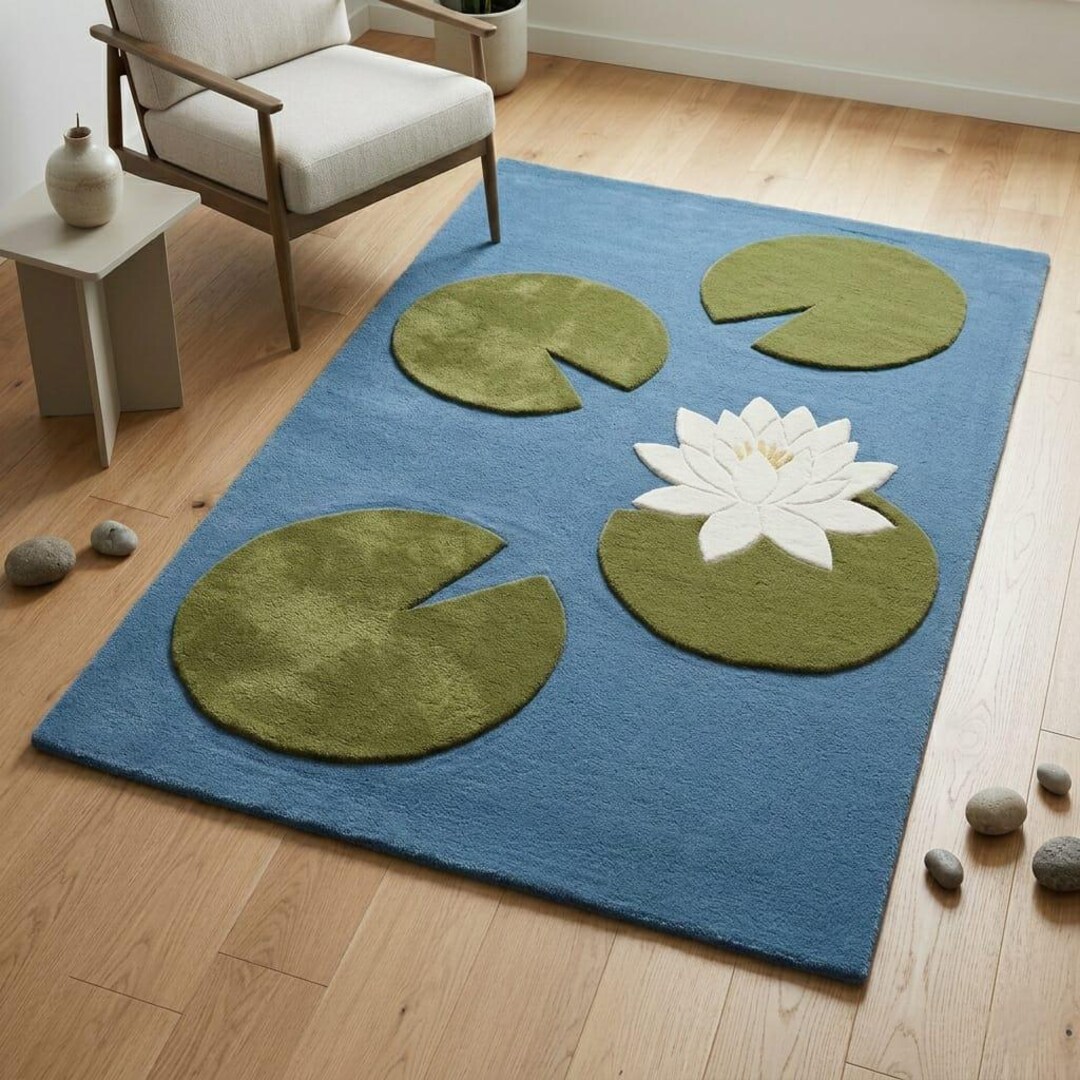 Pond/water Rug Water Lily Pond Rug, Lotus Flower Area Rug, Lily Pad Tufted Rug, Blue ...