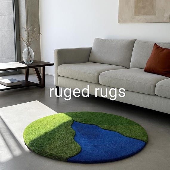 Landscape Rug| Round Rug |– Nature Inspired Green Blue River Design – Earth Tone Modern Floor Mat– Handmade Custom Rug for Living Room Decor