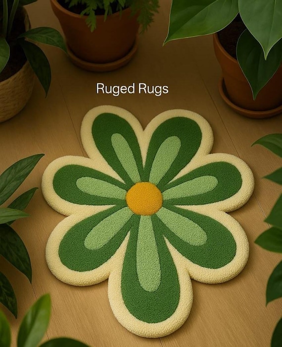 Retro Flower Shaped Tufted Rug – Green & Yellow Daisy Carpet – Cute Aesthetic Floor Mat – Boho Kids Room Decor – Handmade Groovy Rug