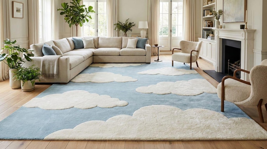 Archie Cloud Rug Cloud Shaped Area Rug – Blue Sky White Clouds Carpet, Kids Nursery ...