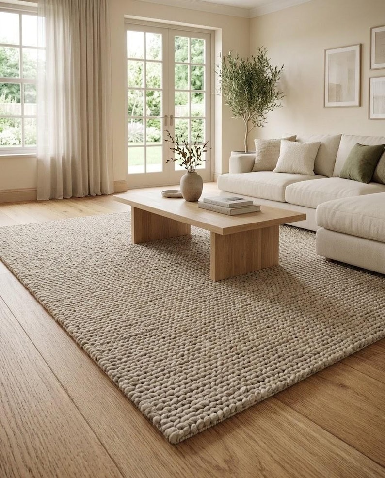 Chunky Tufted Wool Rug Handmade Neutral Area Rug Thick Textured Wool ...