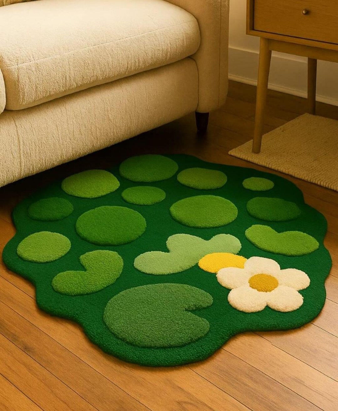 Handmade Tufted Wool Daisy Rug: Green Floral Meadow Carpet Soft Cotton ...