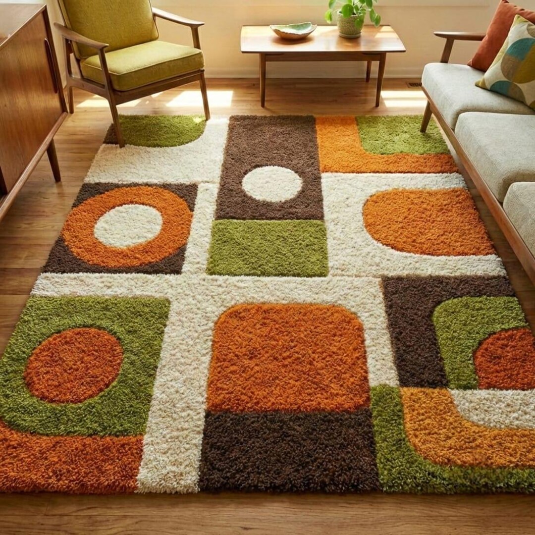 Mid Century Modern Shag Rug | 70s Retro Area Carpet | Mustard Ochre ...