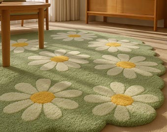 Handmade Wool Tufted Rug: Cottagecore Floral Carpet