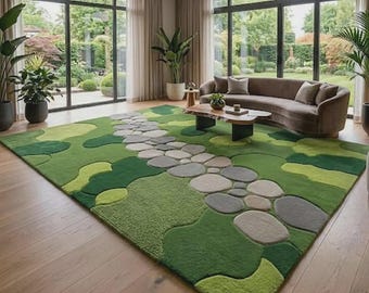 Hand Tufted Moss Pebble Rug, Sculpted Organic Stone Path Luxury Green Area Carpet