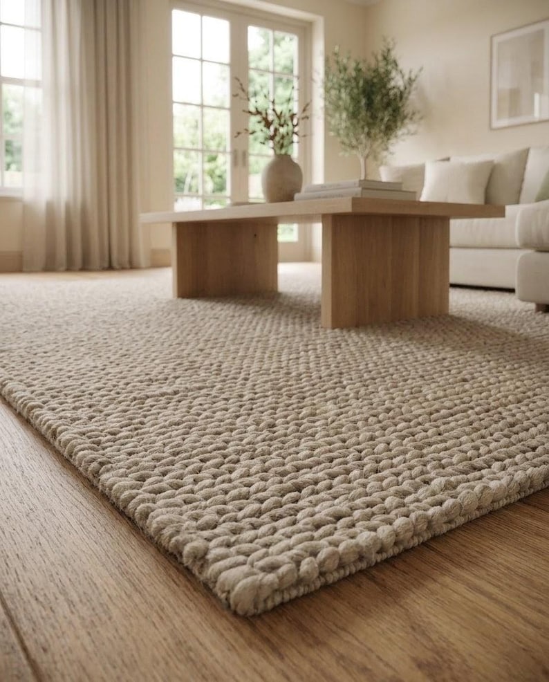 Chunky Tufted Wool Rug Handmade Neutral Area Rug Thick Textured Wool ...