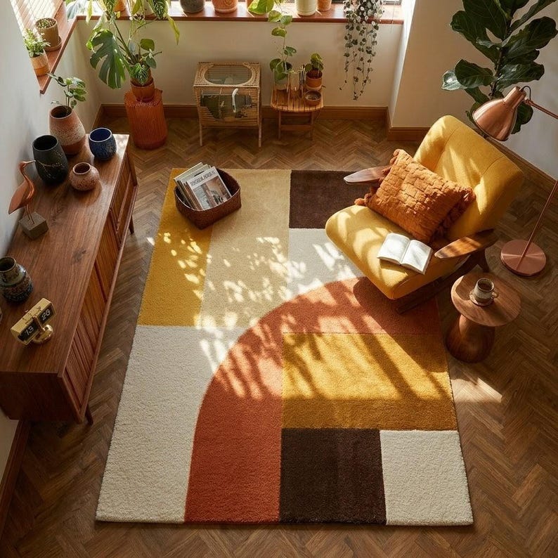 Image showcasing Mid Century Modern Abstract Geometric Rug – Terracotta, Mustard, Brown ...