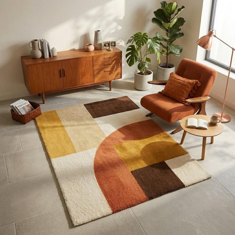 View of Mid Century Modern Abstract Geometric Rug – Terracotta, Mustard, Brown ...