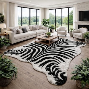 May include: A large, irregular-shaped area rug featuring a bold black and white zebra stripe pattern. The rug has a soft, textured appearance and is positioned on a wooden floor in the center of a living room space, serving as a focal point.
