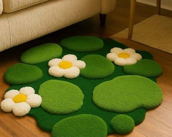 Handmade Tufted Daisy Rug: Moss Green Wildflower Meadow