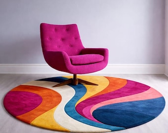 Hand-Tufted Wool Rug • Psychedelic Swirl, Wavy Edge Modern Carpet
