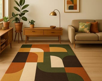 Retro Geometric Tufted Area Rug – Olive Green, Rust, Beige & Brown Mid-Century Modern Carpet