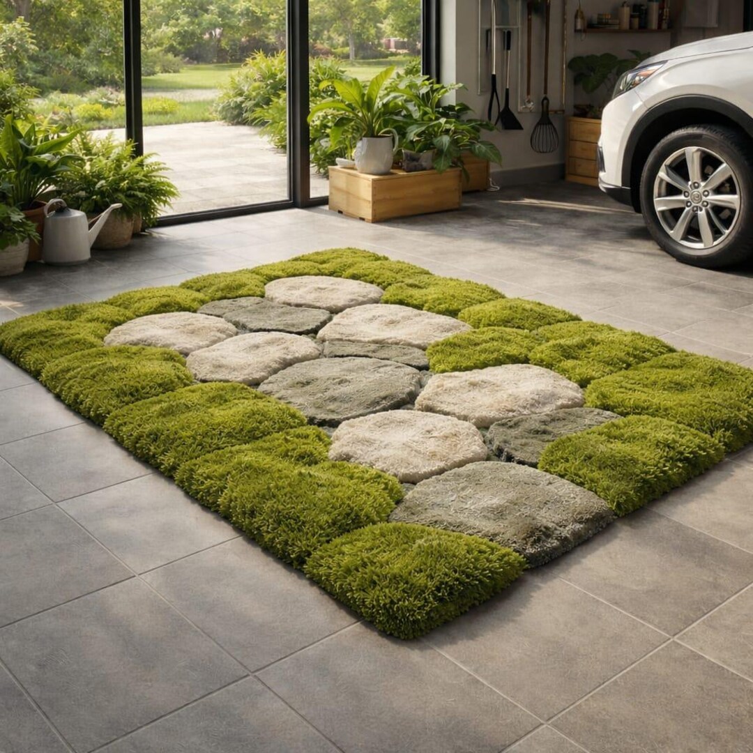 Hand Tufted Moss Pebble Rug: Sculpted Organic Stone Path Luxury Green ...