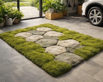 Hand Tufted Moss Pebble Rug: Sculpted Organic Stone Path Luxury Green Area Carpet