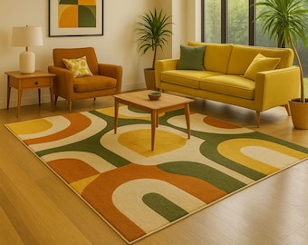 Retro Geometric Area Rug – Orange, Mustard & Green Mid-Century Modern Design Home Decor