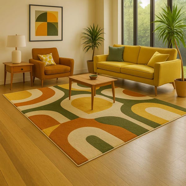 Dywan w stylu retro z geometrycznym wzorem – pomarańczowy, musztardowy i zielony, w stylu mid-century modern
