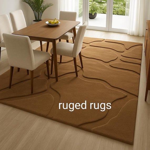 Morden Rug| Irregular Rug| 3D Tufted Area Rug-Brown Sculpted Wave Design for Dining Room, Soft Textured Custom Handmade Rug for Home Decor