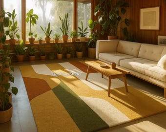 Mid Century Modern Retro Rug – Geometric Arc Area Rug, Handmade Tufted Wool Rug: Retro Geometric Design, Mid-Century Modern