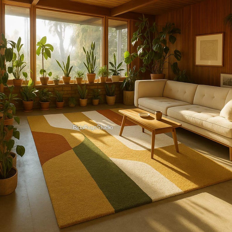 May include: A colorful area rug with a geometric design in shades of yellow, orange, green, and white. The rug is placed in a living room with a cream-colored sofa, wooden coffee table, and numerous potted plants. The room has large windows.