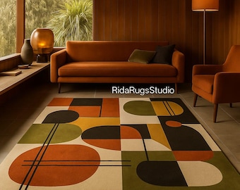 Retro Mid Century Shag Rug – 70s Geometric Orange Yellow Area Carpet, Vintage Plush Floor Mat for Living Room & Boho Decor