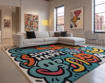 Hand-Tufted Wool Pop Art Rug: Modern Smiley Face Decor Supper Happy Carpet