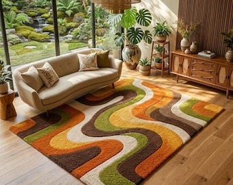 Mid Century Modern Shag Rug | 70s Retro Area Carpet | Mustard Ochre Green Geometric Abstract High Pile Rug | Vintage Style Living Room Decor