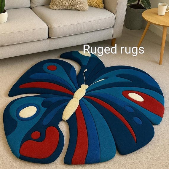 Butterfly Rug| Irregular Rug| Handmade Colorful Abstract Floor Mat, Whimsical Boho Carpet for Living Room, Kids Room or Nursery Décor