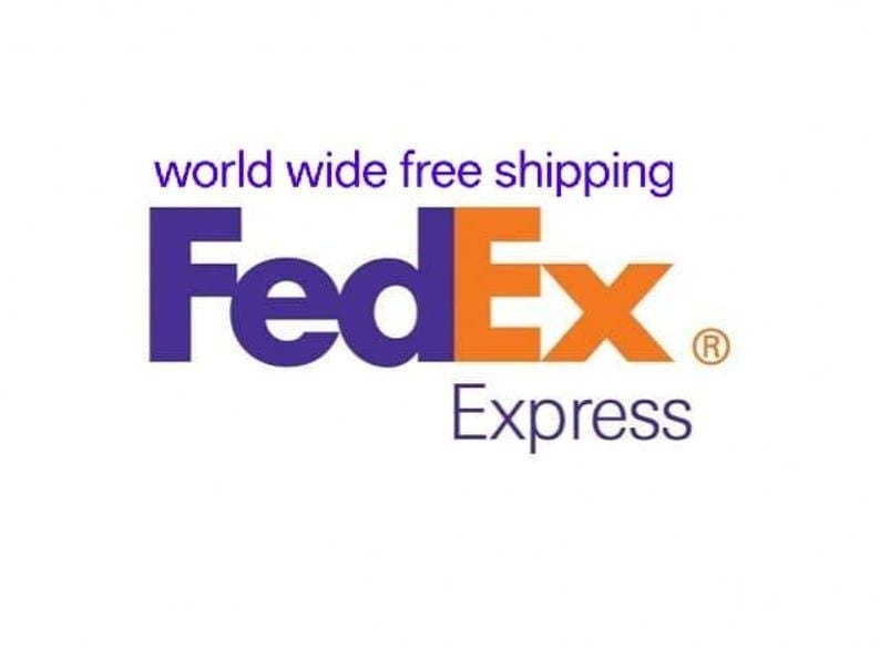 May include: The FedEx Express logo features the word "FedEx" in purple and orange, with "Express" in a smaller font below. The text "world wide free shipping" is above the FedEx logo. The registered trademark symbol is present.