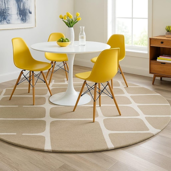 Modern Round Geometric Area Rug – Beige & White Mid-Century Style Carpet for Dining Room or Living Room | Minimalist Soft Floor Mat