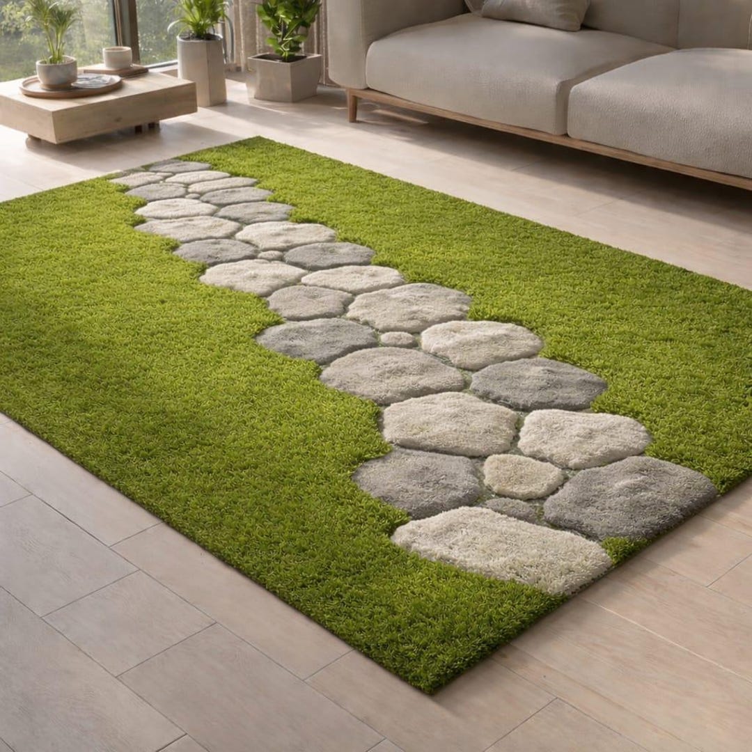 Hand Tufted Moss Pebble Rug, Sculpted Organic Stone Path Luxury Green ...