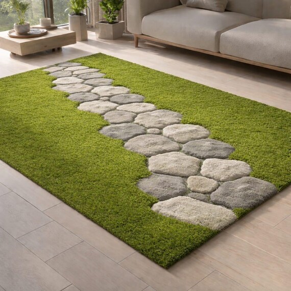 Hand Tufted Moss Pebble Rug, Sculpted Organic Stone Path Luxury Green Area Carpet