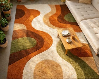Modern Abstract Earth-Tone Plush Rugs | Mid Century Retro Rug Carpet Large Area Rug Teppich for Living Room
