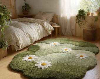 Handmade Tufted Daisy Rug: Moss Green Wildflower Meadow