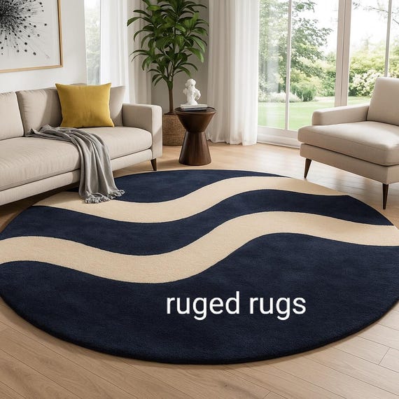 Abstract Rug| Modern Round Wavy Rug – Navy Blue & Beige Abstract Tufted Carpet – Aesthetic Minimalist Floor Decor – Custom Size Handmade Rug
