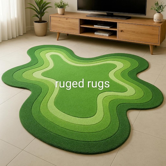 Tufting Rugs| Gift Rugs| Green Wavy Abstract Tufted Rug–Modern Topographic Style Area Carpet – AI Generated Custom Floor Art – Made to Order