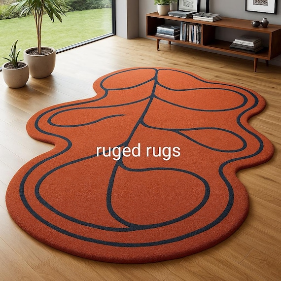 Handmade Rug| Red Rug| Large Rug| Custom Handmade Orange Tufted Carpet, AI Generated Fluid Design, Statement Living Room Area Rug