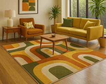 Retro Geometric Area Rug – Mid-Century Modern Style in Mustard, Olive, and Orange
