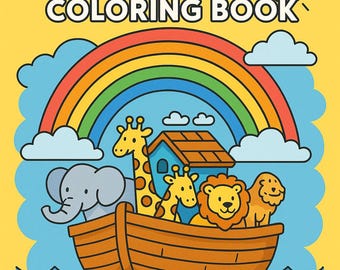 May include: A children's colouring book titled "MY FIRST BIBLE COLORING BOOK" with a yellow background. The cover features a rainbow, sun, clouds, and an ark with cartoon animals. Text at the bottom reads "Fun and easy-to-colour Bible stories, verses, and Christian symbols for kids ages 4-8."