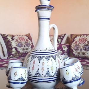 Handmade Moroccan Ceramic Decanter Set with 6 Cups – Blue Pottery Drinkware, Boho Home Decor