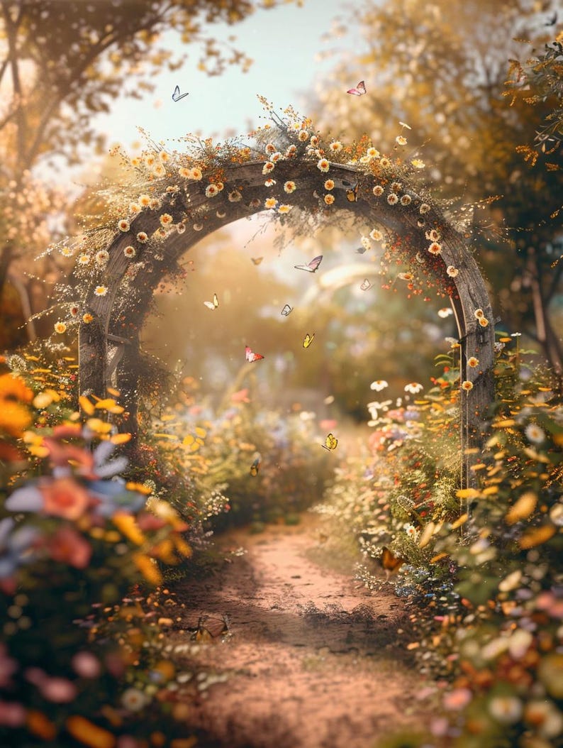 Boho Cottagecore Garden Pathway Floral Arch With Butterflies Wall Art ...