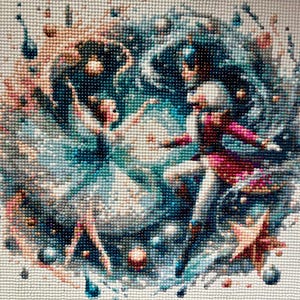 May include: A diamond painting depicting two ballerinas dancing amidst a swirling, colorful backdrop. The artwork features a palette of blues, pinks, and whites, creating a dynamic and artistic representation of movement and grace.