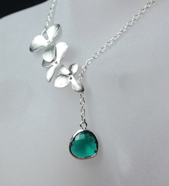 Items similar to bridemaid necklace , Emerald lariat necklace , orchid ...