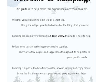 May include: A white guide titled "Welcome to Camping!" with text about planning a camping trip, gathering supplies, and enjoying nature. The guide includes the phrase "Please take pause and Enjoy!"