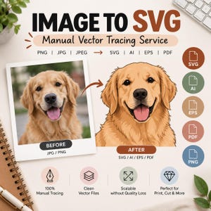 Könnte beinhalten: Eine grafische Darstellung für einen manuellen Vektorisierungsdienst mit dem Titel IMAGE TO SVG. Sie zeigt ein Vorher-Foto eines Golden Retrievers und eine Nachher-Vektorillustration desselben Hundes sowie Symbole für SVG, AI, EPS, PDF und PNG.