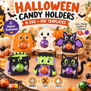 Op de afbeelding: Zes Halloween snoephouders met papieren uitsparingen van een pompoen, spook, vleermuis, ketel, Frankenstein-monster en zwarte kat. Elk figuur houdt een rond snoepje vast. Tekst bevat HALLOWEEN CANDY HOLDERS, 6 SVG + PDF TEMPLATES en Digital Download.