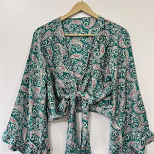 Women Silk Top, Bell sleeve Top For Women, Flower Boho Wrap Top, 70s Style Clothing, Print Retro Eco Top, Flare Sleeve Aesthetic
