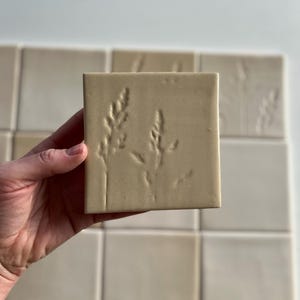 Puede incluir: Una baldosa de cerámica beige con un diseño botánico en relieve de hierbas. La baldosa se sostiene en una mano, con otras baldosas similares visibles en el fondo. El diseño es de color neutro, adecuado para varios estilos de interior. Mide aproximadamente 10 cm x 10 cm.