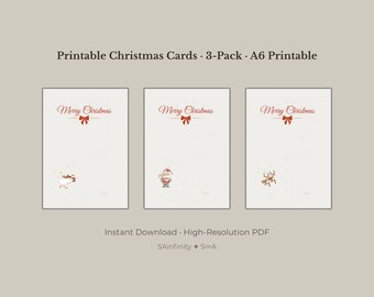 Printable Christmas Cards · 3-Pack A6 Set · Cute Santa & Reindeer Note Cards · Instant Download